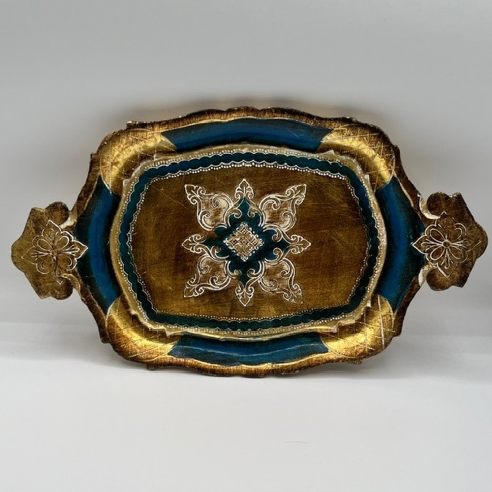 Vintage Italian Florentine Wood Tray Gold Gilt Turquoise Blue Scalloped Edge 13"